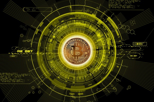 Bitcoin coin in a yellow digital circle