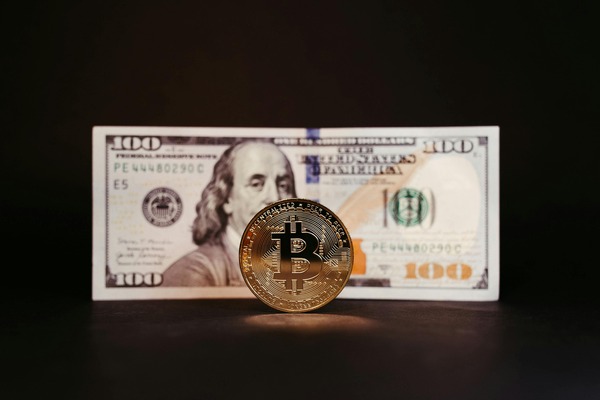 Bitcoin coin in front of a hundred dollar bill