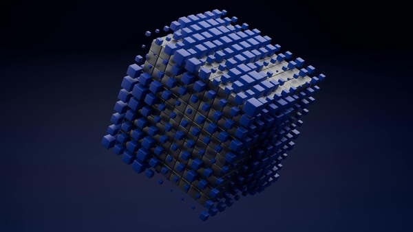 Blue digital cube on a dark background
