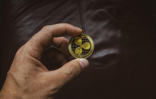 Fingers holding a gold crypto coin