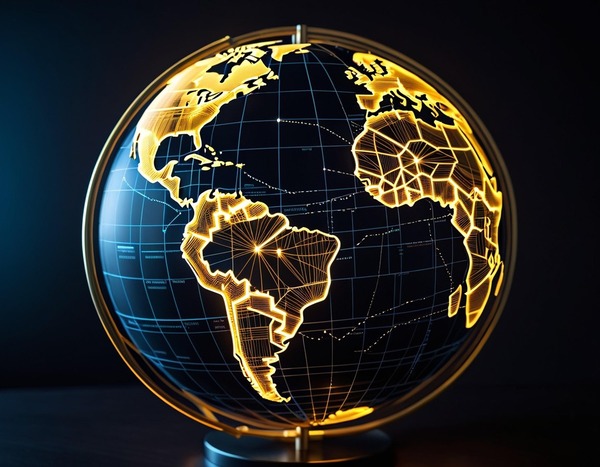 Glowing golden world globe on a dark background