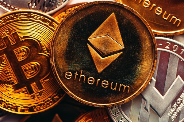 Golden Ethereum coin among other crypto coins