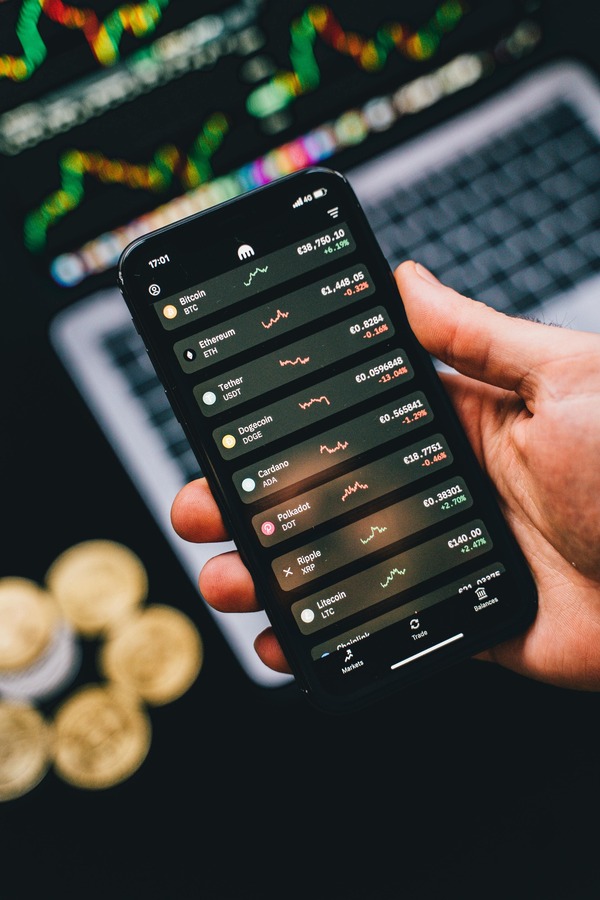 Hand holding a smartphone with a crypto portfolio
