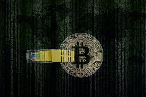 Network cable plugged into a Bitcoin coin