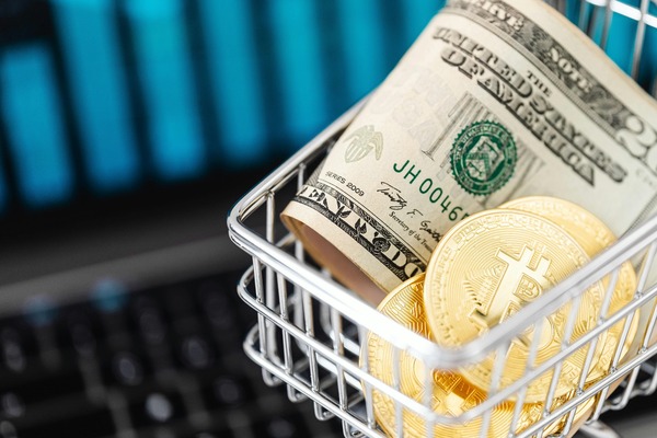 Shopping basket with dollars and Bitcoin coins